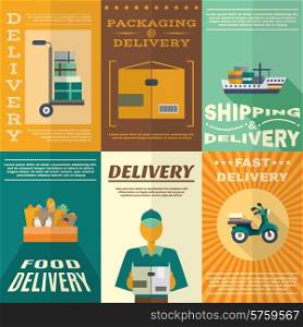 Delivery mini poster set with fast food packaging and shipping signs isolated vector illustration. Delivery Poster Set