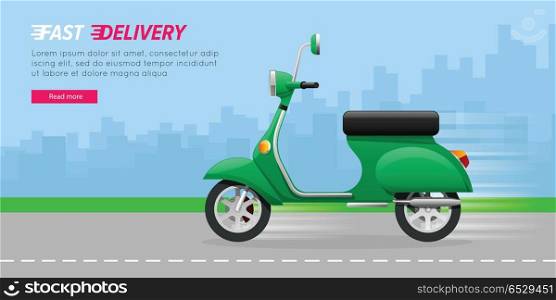 Delivery Motorcycle on City Road. Green Vehicle.. Fast Delivery. Green motorcycle on asphalt road. Contemporary fast two-wheeled mean of transportation driving quickly through city. A lot of high buildings in flat design on blue background. Vector