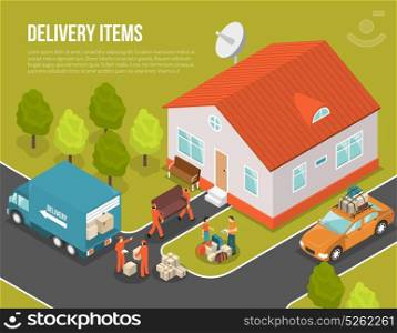 Delivery Moving New Settler Illustration. Colored isometric delivery moving new settler illustration with truck near house and loaders hired to move vector illustration