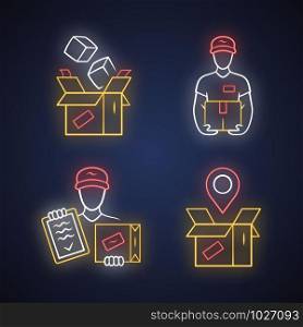 Delivery neon light icons set. Parcel packing, deliveryman, order shipping and tracking. Shipment service. Logistics and distribution. Glowing signs. Vector isolated illustrations