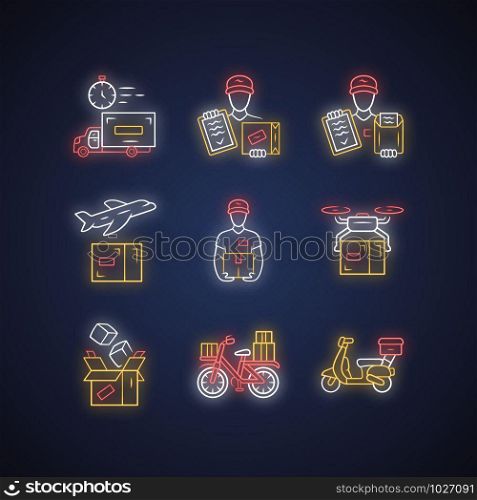 Delivery neon light icons set. Plane, drone express shipping. Parcel, document courier delivery. Order packaging. Cargo transportation. Glowing signs. Vector isolated illustrations