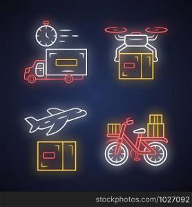 Delivery neon light icons set. Shipping service. Drone, plane, bicycle delivery. Logistics and distribution. Cargo transportation. Glowing signs. Vector isolated illustrations