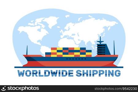 Delivery of goods by cargo seagoing vessels. Worldwide shipping. Barge with containers on map background. Freight commerce distribution. Cartoon flat style isolated illustration. Vector export concept. Delivery of goods by cargo seagoing vessels. Worldwide shipping. Barge with containers on map background. Freight commerce distribution. Cartoon flat isolated illustration. Vector export concept