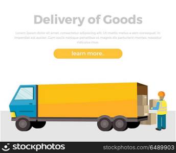 Delivery of Goods. Delivery of goods. Loader unloads the van in flat. Equipment delivery process. Delivery man, delivery icon, free delivery, delivery parcel, service delivery, person profession, courier postman