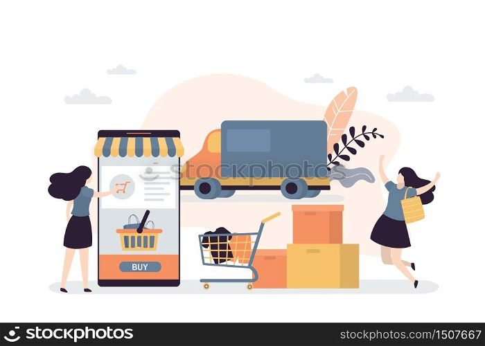 Delivery of goods from online store. Female character ordering and buy products in mobile app. Truck delivers goods from online marketplace. Happy Woman client and big boxes. Vector illustration