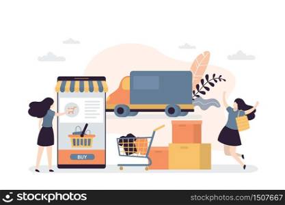 Delivery of goods from online store. Female character ordering and buy products in mobile app. Truck delivers goods from online marketplace. Happy Woman client and big boxes. Vector illustration