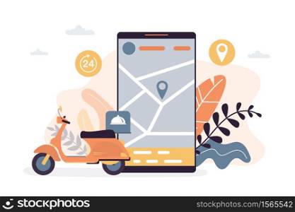 Delivery of goods from the online store, the definition of geo location using navigation. Big smartphone and motorbike. Trendy style vector illustration.