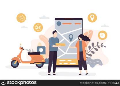 Delivery of goods from the online store, the definition of geo location using navigation. Courier biker delivers goods from online marketplace. Woman client and deliveryman. Vector illustration
