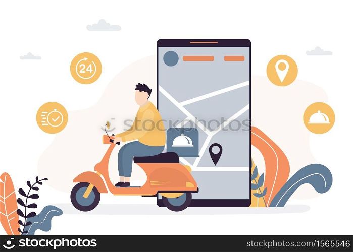 Delivery of goods or food from the online store, the definition of geo location using navigation. Courier biker delivers goods from internet marketplace. Handsome deliveryman. Vector illustration