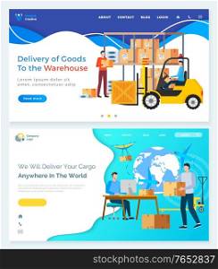 Delivery of goods to warehouse, we will deliver your car anywhere in world online. People holding box, vehicle with cardboard package. Man working with parcel in office webpage template vector. International Delivery, Business with China Vector
