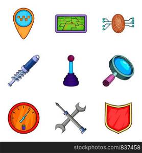 Delivery of spare parts icons set. Cartoon set of 9 delivery of spare parts vector icons for web isolated on white background. Delivery of spare parts icons set, cartoon style