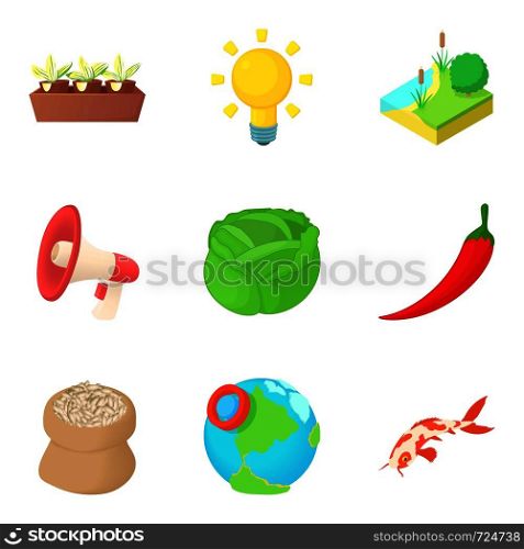 Delivery of vegetable icons set. Cartoon set of 9 delivery of vegetable vector icons for web isolated on white background. Delivery of vegetable icons set, cartoon style