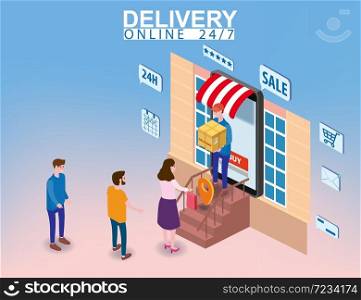 Delivery on Smartphone with online store, courier man delivers box parsel isometry. Delivery on Smartphone with online store, courier man delivers box parsel to the buyer isometry. Internet Shopping and Online Delivery Concept. Isometric icons map Earth background. Vector isolated illustration