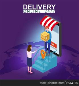 Delivery on Smartphone with online store, courier man delivers box parsel isometry. Delivery on Smartphone with online store, courier man delivers box parsel to the buyer woman isometry. Internet Shopping and Online Delivery Concept. Isometric icons map Earth background. Vector isolated illustration