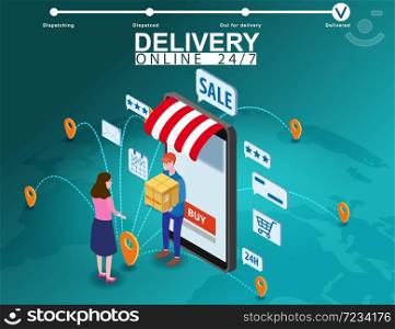 Delivery on Smartphone with online store, courier man delivers box parsel isometry. Delivery on Smartphone with online store, courier man delivers box parsel to the buyer woman isometry. Internet Shopping and Online Delivery Concept. Isometric icons map Earth background. Vector isolated illustration