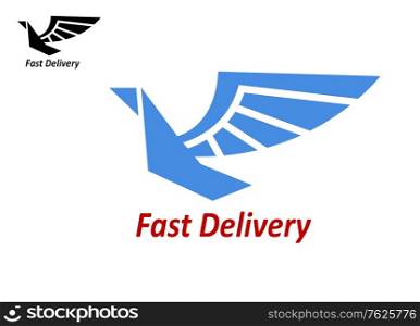 Delivery or shipping emblem with blue colored flying bird and text ? Fast Delivery. isolated on white