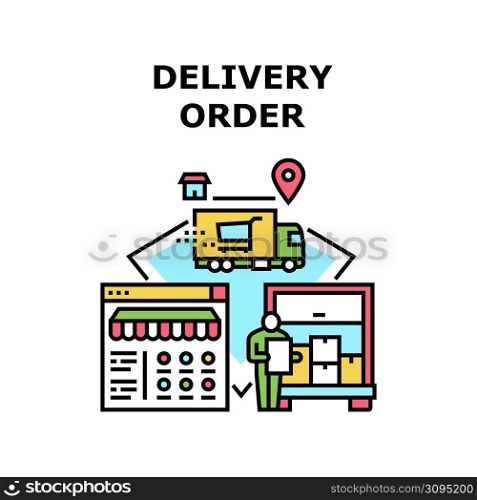 Delivery Order Vector Icon Concept. Delivery Order Service For Delivering Purchases Buy In Internet Store Online. Goods Shipping Courier Worker In Truck Transportation Color Illustration. Delivery Order Vector Concept Color Illustration