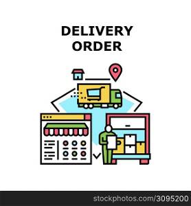 Delivery Order Vector Icon Concept. Delivery Order Service For Delivering Purchases Buy In Internet Store Online. Goods Shipping Courier Worker In Truck Transportation Color Illustration. Delivery Order Vector Concept Color Illustration