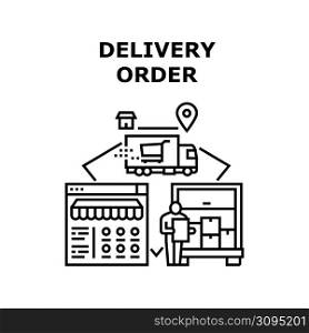 Delivery Order Vector Icon Concept. Delivery Order Service For Delivering Purchases Buy In Internet Store Online. Goods Shipping Courier Worker In Truck Transportation Black Illustration. Delivery Order Vector Concept Black Illustration