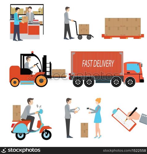 Delivery person freight logistic business industry, counter service, delivery truck, retro scooter fast service, signing receipt of package delivery, forklift, vector illustration.