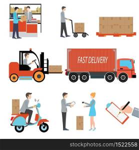 Delivery person freight logistic business industry, counter service, delivery truck, retro scooter fast service, signing receipt of package delivery, forklift, vector illustration.