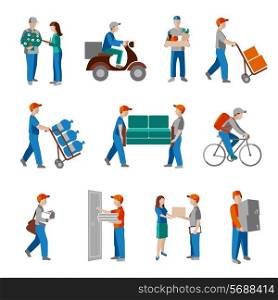 Delivery person freight logistic business industry icons flat set isolated vector illustration.