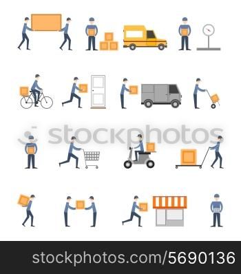 Delivery person freight logistic business service icons flat set isolated vector illustration