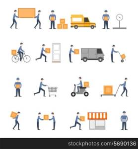 Delivery person freight logistic business service icons flat set isolated vector illustration