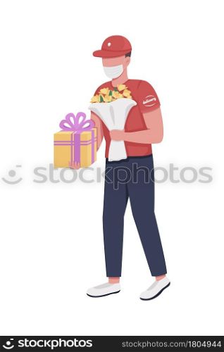 Delivery person with birthday gifts semi flat color vector character. Full body person on white. Customer service isolated modern cartoon style illustration for graphic design and animation. Delivery person with birthday gifts semi flat color vector character