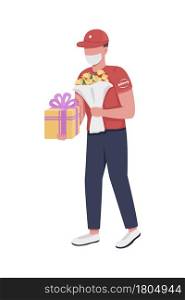 Delivery person with birthday gifts semi flat color vector character. Full body person on white. Customer service isolated modern cartoon style illustration for graphic design and animation. Delivery person with birthday gifts semi flat color vector character
