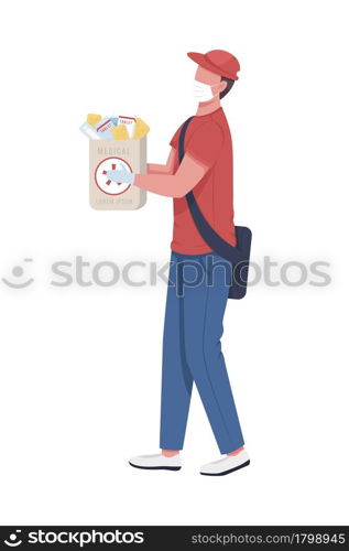 Delivery person with medicine package semi flat color vector character. Full body person on white. Drugs delivering to home isolated modern cartoon style illustration for graphic design and animation. Delivery person with medicine package semi flat color vector character