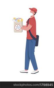 Delivery person with medicine package semi flat color vector character. Full body person on white. Drugs delivering to home isolated modern cartoon style illustration for graphic design and animation. Delivery person with medicine package semi flat color vector character