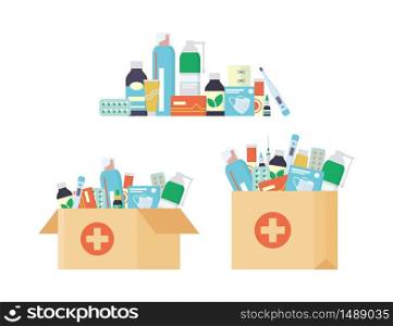 Delivery pharmacy service. Open cardboard box and Paper bag with a set of drugs, pills and bottles inside. Vector illustration in flat style on white background. Delivery pharmacy service. Open cardboard box and Paper bag with a set of drugs, pills and bottles inside.