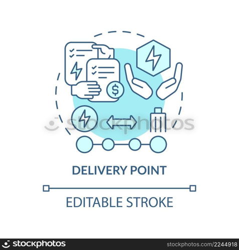 Delivery point turquoise concept icon. Energy transmission to customer. PPA sales abstract idea thin line illustration. Isolated outline drawing. Editable stroke. Arial, Myriad Pro-Bold fonts used. Delivery point turquoise concept icon