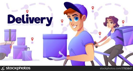 Delivery poster with man and girl on bicycle with boxes. Vector banner of deliver service with cartoon couriers and motorcycle with parcels on background of track map. Delivery poster with man and girl on bicycle