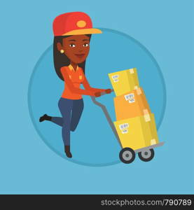 Delivery postman with boxes on trolley. Delivery postman pushing trolley with cardboard boxes. Delivery postman delivering parcels. Vector flat design illustration in the circle isolated on background. Delivery postman with cardboard boxes on trolley.
