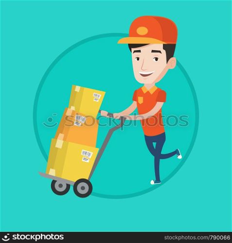 Delivery postman with cardboard boxes on trolley. Delivery postman pushing trolley with boxes. Delivery postman delivering parcels. Vector flat design illustration in the circle isolated on background. Delivery postman with cardboard boxes on trolley.
