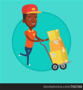 Delivery postman with cardboard boxes on trolley. Delivery postman pushing trolley with boxes. Delivery postman delivering parcels. Vector flat design illustration in the circle isolated on background. Delivery postman with cardboard boxes on trolley.