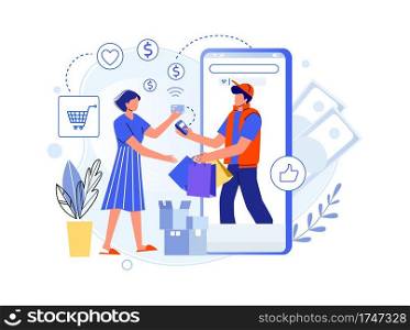 Delivery purchases from shop and pay credit card. Payment buy use card, purchase delivery online, internet shop service technology, sale and buying, vector illustration. Delivery purchases from shop and pay credit card