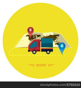 Delivery service 24 hours . Cargo truck symbol on yellow background