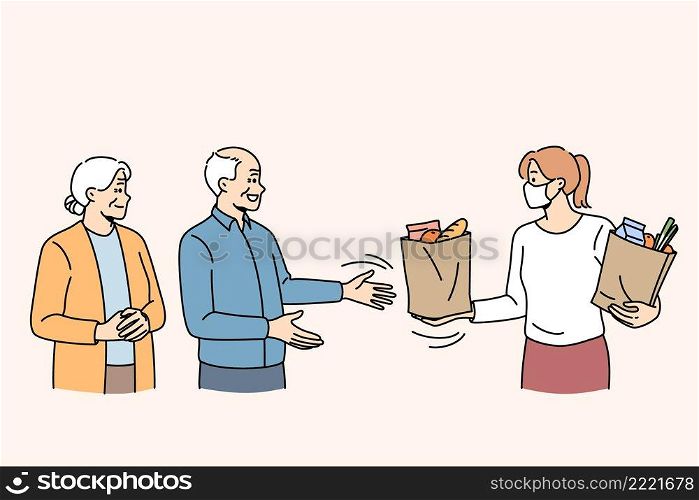 Delivery service and covid-19 concept. Senior mature couple standing getting food parcel from woman courier during pandemic times vector illustration . Delivery service and covid-19 concept.