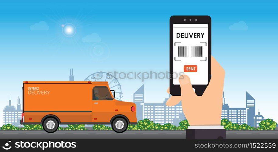 Delivery service app on smart phone. Hand holding mobile smart phone open app.Online delivery service.Fast delivery or shipping concept vector illustration.