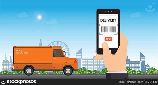 Delivery service app on smart phone. Hand holding mobile smart phone open app.Online delivery service.Fast delivery or shipping concept vector illustration.