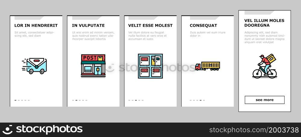 Delivery Service Application Onboarding Mobile App Page Screen Vector. Delivery Truck And Cargo Airplane, Bike And Scooter, Drone And Boat Delivering, Smartphone App Tracking Location Illustrations. Delivery Service Application Onboarding Icons Set Vector