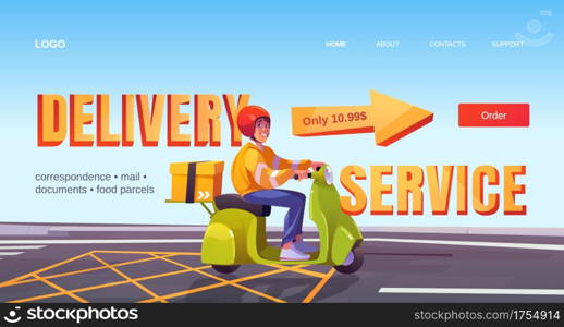 Delivery service banner. Shipping parcels, documents and orders from restaurant or store. Vector landing page with cartoon illustration of delivery man on scooter with box. Delivery service banner with man on scooter