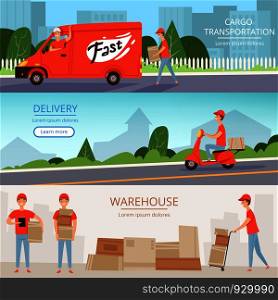 Delivery service banners. Cargo warehouse workers pizza and food delivery man on transport red van motorcycle. Vector design template of banners. Illustration of delivery service, fast transportation. Delivery service banners. Cargo warehouse workers pizza and food delivery man on transport red van motorcycle. Vector design template of banners