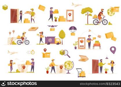 Delivery service bundle of flat scenes. Couriers holding parcels isolated set. Smartphone with app, deliveryman carrying boxes, transport elements. Express delivery at home cartoon vector illustration