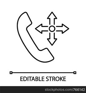 Delivery service call linear icon. Shipment call center. Thin line illustration. Courier service. Order delivery. Handset with four arrows. Contour vector isolated outline drawing. Editable stroke. Delivery service call linear icon