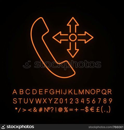 Delivery service call neon light icon. Shipment call center. Courier service. Order delivery. Handset with four arrows. Glowing sign with alphabet, numbers and symbols. Vector isolated illustration. Delivery service call neon light icon