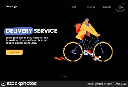 Delivery service cartoon landing page, man on bicycle deliver goods. Correspondence, mail, documents, food, parcels express shipping, order transportation to customers, Line art flat vector web banner. Delivery service cartoon landing, man on bicycle